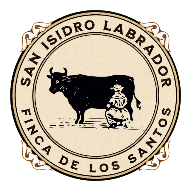 Sello de San Isidro Labrador con una vaca y una persona ordeñando